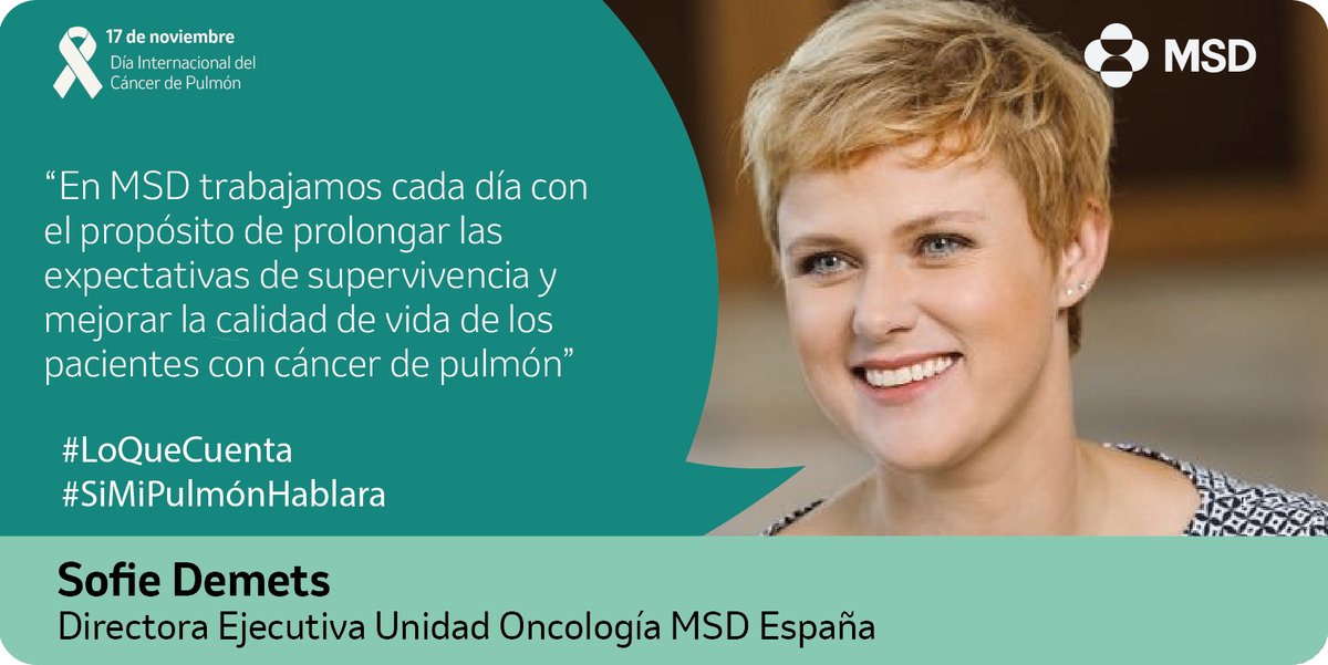 MSDEspana's tweet photo. Según Sofie Demets, directora ejecutiva de la Unidad de Oncología de #MSDEspana, #LoQueCuenta para #MSD es trabajar día a día con el fin de mejorar las expectativas de supervivencia y la calidad de vida de los pacientes con #cáncerdepulmón. #SiMiPulmónHablara https://t.co/OrEhMzCIxs