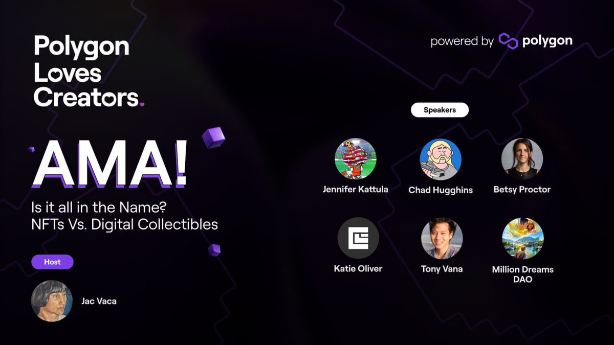 0xPolygonEco's tweet photo. Polygon 💜 Creators
 
🤔 Is it all in the name?
NFT Vs. Digital Collectibles
 
What’s the name-game? Let’s find out!

Also, learn about  Social NFTs.
 
🌐 Set your reminders NOW: https://t.co/nWOdPESySf 

(You don't want to miss out on a special surprise from @milliondreamdao 🤩) https://t.co/SKQhnJZFVp