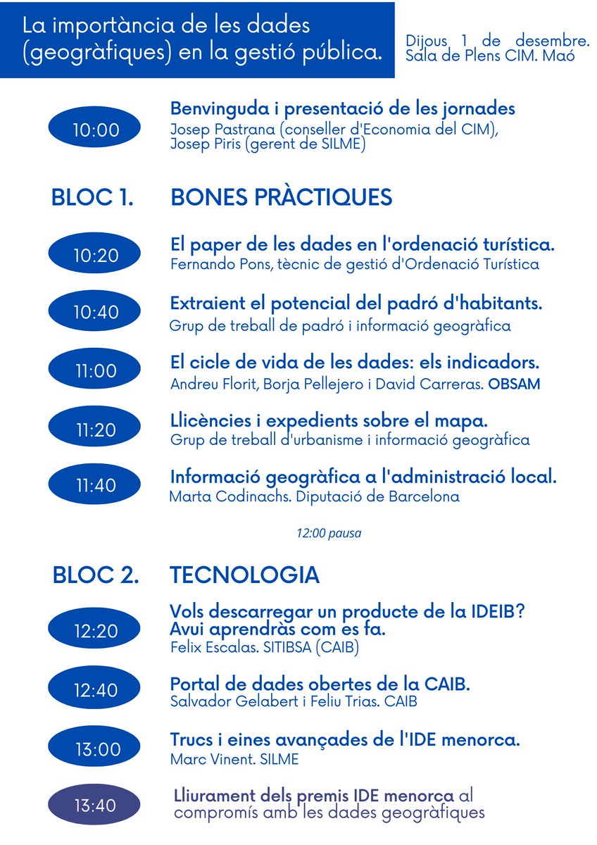 El proper dia 1 de desembre, celebrarem les V jornades d'informació geogràfica de Menorca!! 

Enguany amb exemples i propostes d'ús de dades geogràfiques per a millorar la gestió pública local.

Hi participaran @sitibsa <a href="/IDEBarcelona/">IDEBarcelona</a> @caibopendata <a href="/goib/">Govern de les Illes Balears</a> <a href="/ImeObsam/">IME OBSAM</a> <a href="/ConsellMenorca/">Consell de Menorca</a>