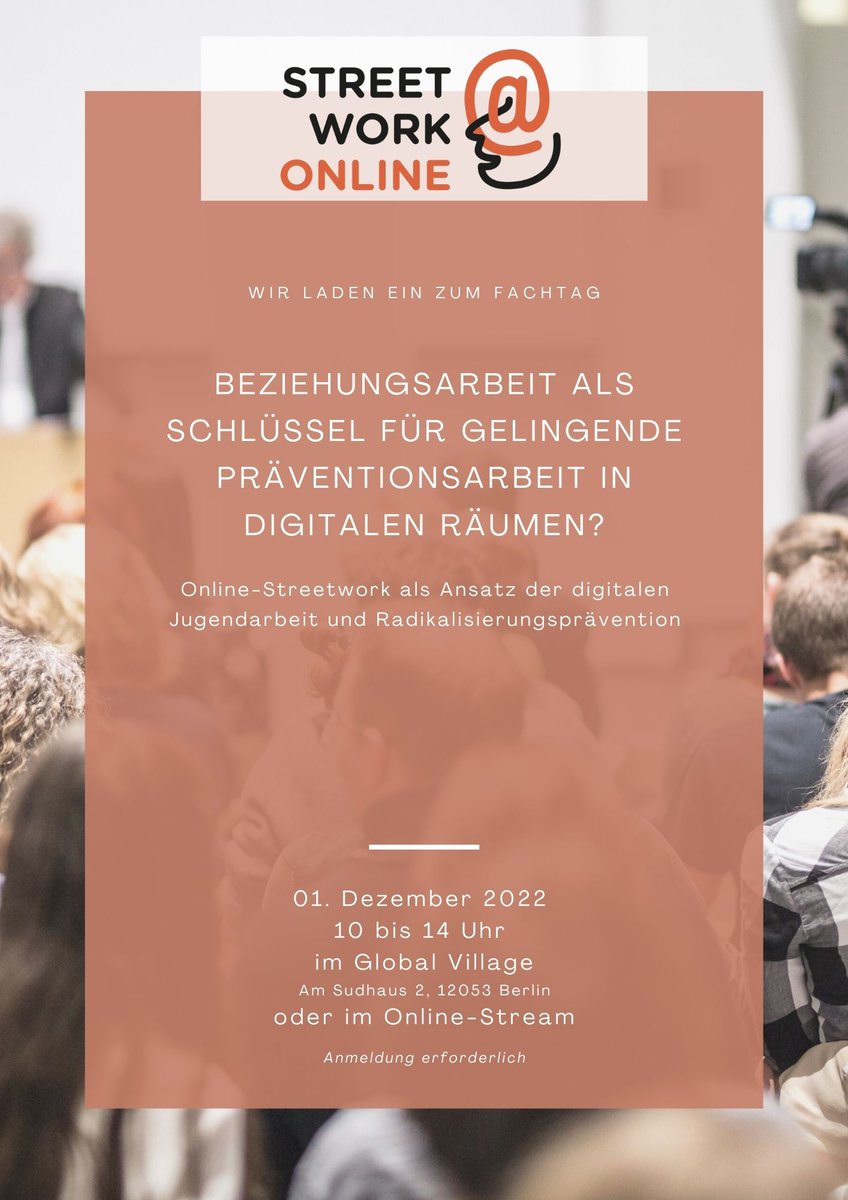 streetwork_On's tweet photo. Habt ihr schon von unserem Fachtag gehört? Nein? Dann schaut rein und meldet euch an!👏
https://t.co/IqPF5uDb7x

#fachtag #berlin #anmeldung #präventionsarbeit #digitale #räume https://t.co/9yt1ZI9ka2