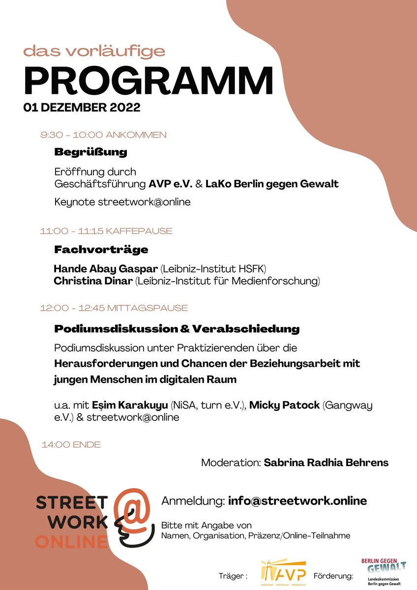 Habt ihr schon von unserem Fachtag gehört? Nein? Dann schaut rein und meldet euch an!👏
streetwork.online/oeffentlichkeit

#fachtag #berlin #anmeldung #präventionsarbeit #digitale #räume