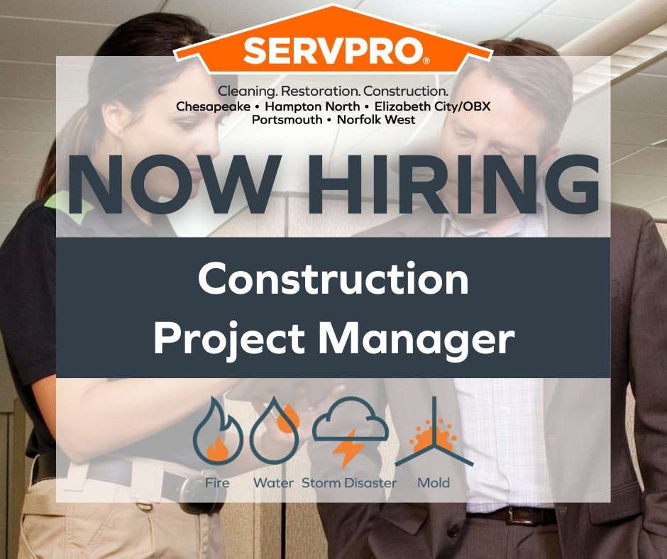 We’re hiring! #SERVPRO of Chesapeake is hiring for Construction Project Managers! Build your career with a team that loves to make a difference in their community! For more information please visit: bit.ly/3kUOLsH
