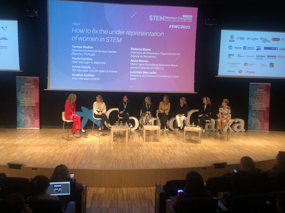 StemwomenEurope's tweet image. 👍🏻🌟#SWC22 HOW TO FIX THE UNDER-REPRESENTATION OF WOMEN IN STEM con: 
Lourdes Mercadal @caixabank_cat  Teresa Rodon, @BureauVeritasEs 
Paula Cortizo Martin, @amazon 
Anna Casals @CelsaGroup 
Rebeca Marín @aiguesbcnclient 
Anna Moreu @oracle_es 
Anabel Andión @SEATofficial