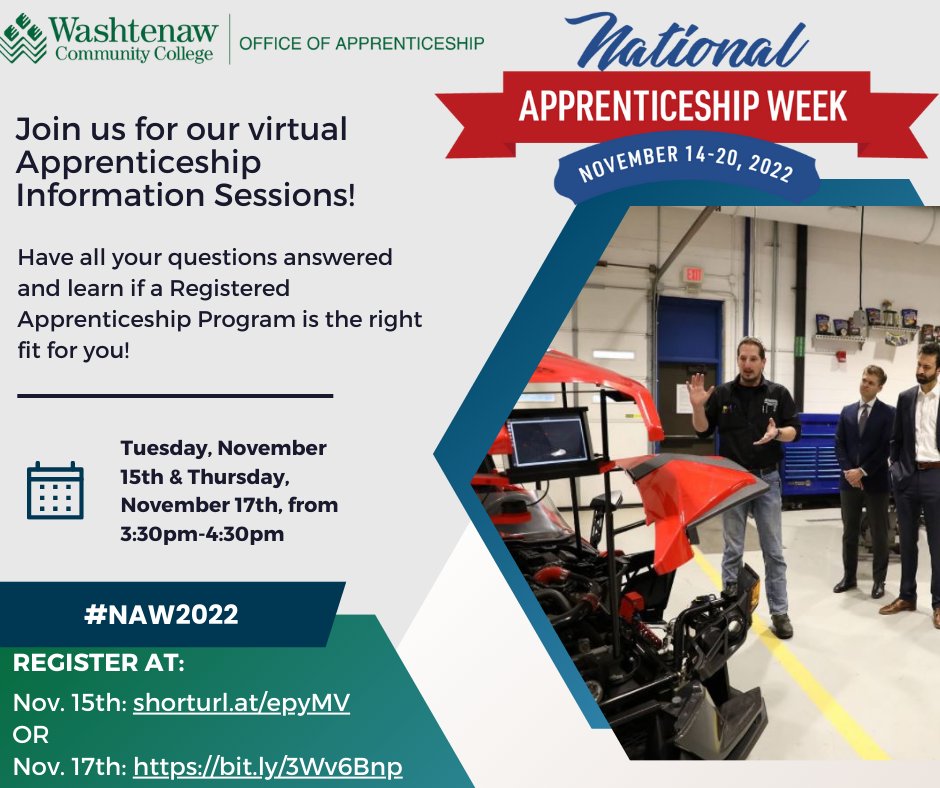 Interested in learning about apprenticeships? Learn the different types of apprenticeships, where to find the application process info, how to apply, &amp; how to prepare for the selection &amp; interview process. TONIGHT, 3:30pm #NAW2022
\ow.ly/LBiE50LxuJA
<a href="/washtenawcc/">Washtenaw Community College</a> <a href="/USDOL/">U.S. Department of Labor</a>