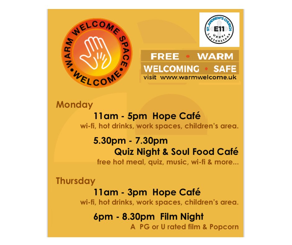 St Andrew's, Upper Leytonstone E11 (@standrewse11) on Twitter photo St. Andrews is pleased to welcome all to the Community Hall and Church every Monday and Thursday as part of the Warm Welcome Project over the next few months. Hot drinks, food, a children's area and more. Everyone is welcome.
#standrewse11 <a href="/WarmWelcome_UK/">Warm Welcome UK @warmwelcomeuk.bsky.social</a> <a href="/chelmsdio/">Chelmsford Diocese</a> St. Andrews is pleased to welcome all to the Community Hall and Church every Monday and Thursday as part of the Warm Welcome Project over the next few months. Hot drinks, food, a children's area and more. Everyone is welcome.
#standrewse11 <a href="/WarmWelcome_UK/">Warm Welcome UK @warmwelcomeuk.bsky.social</a> <a href="/chelmsdio/">Chelmsford Diocese</a>