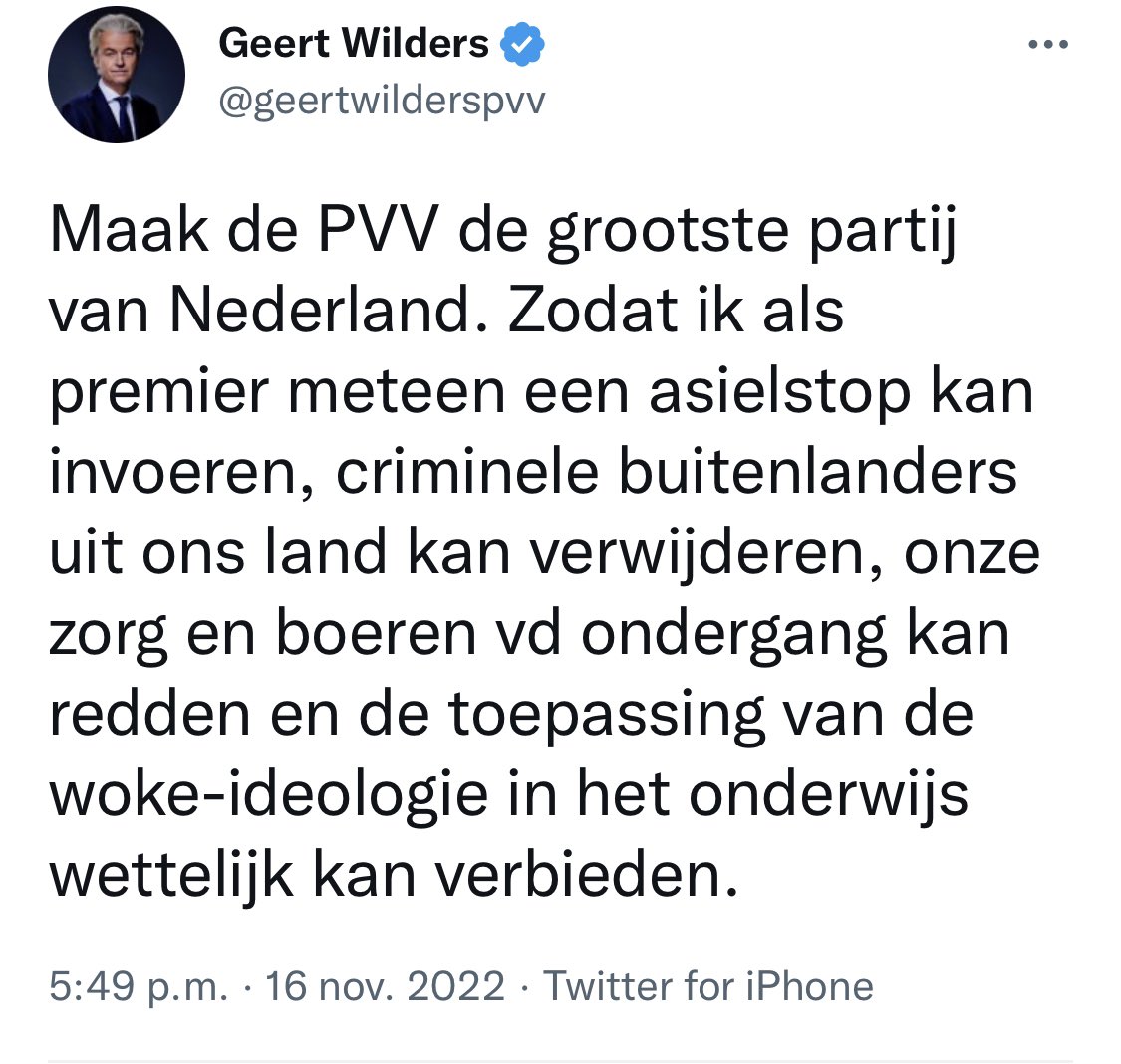 De Partij voor de Vrijheid die nog maar eens duidelijk maakt hoe racistische en fascistisch de beoogde toekomst is en hoe bedreigend deze is.