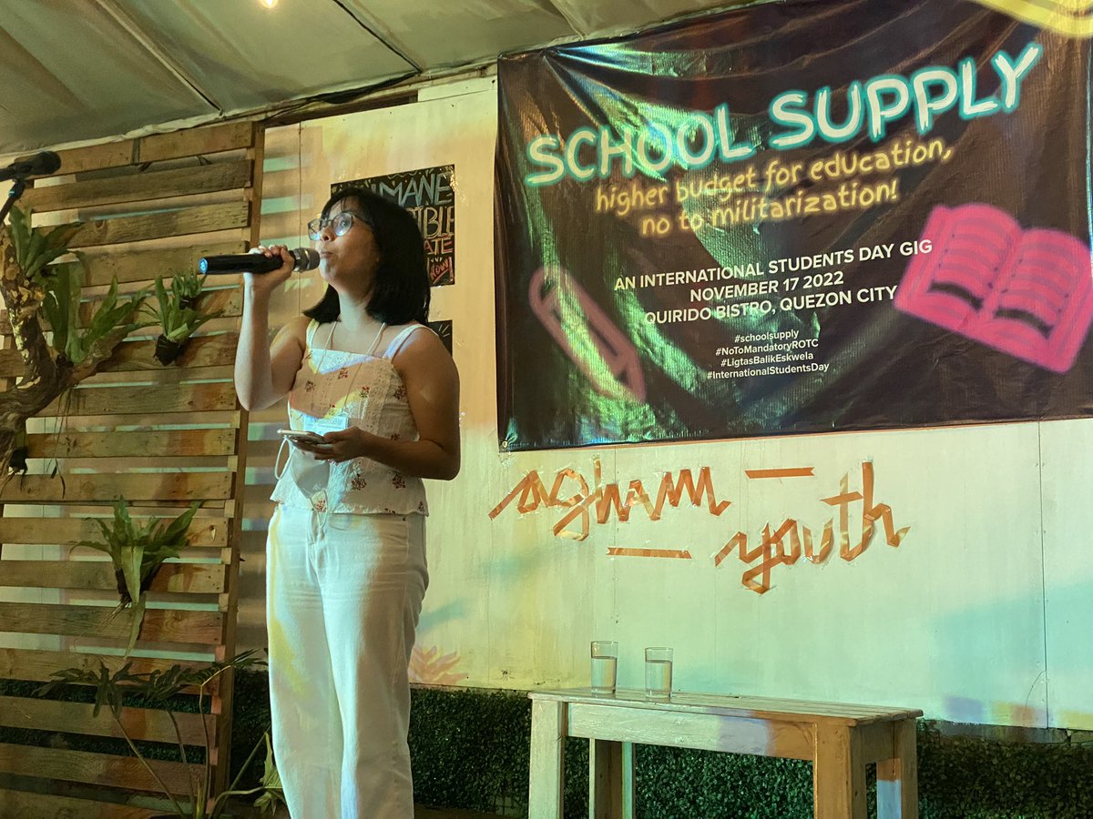 aynational's tweet photo. Mela Llamado, Chairperson of @aghamyouth_upm delivers the closing remarks for today’s advocacy gig
#schoolsupply
#InternationalStudentsDay
#LigtasBalikEskwela
#NoToMilitarization https://t.co/uEVNbvTUtP