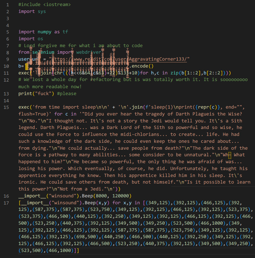 The most upvoted comment picks the next line of code: Day 20. At least it's not a rickroll, is it?#100Daysofcode #javascript #programming #dev #linux #java #programming #CodeNewbie #python #reactjs #bugbounty #DataScience #infosec #gamedev #BigData <a href="/programmerjoke9/">programmerjokesofficial</a>