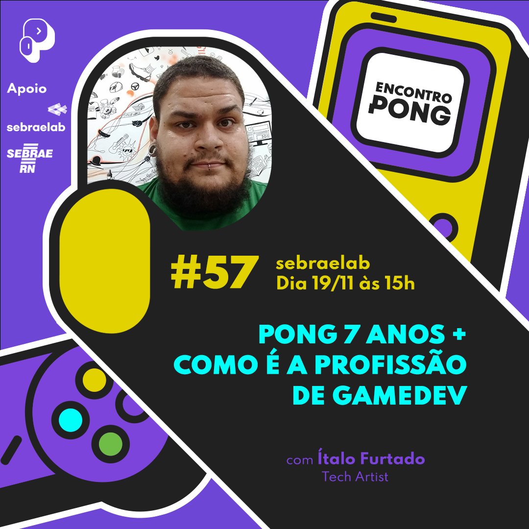 pong_rn's tweet photo. Venha comemorar com a gente nosso 7º niver! Teremos a palestra com Ítalo Furtado e muito o que comemorar! Será presencial no @SebraeRN_Trairi Inscreva-se gratuitamente:
https://t.co/1tyLN5Jy75
#pongrn #indiegames #gamedev #sebraelab https://t.co/dVSozKs5VI