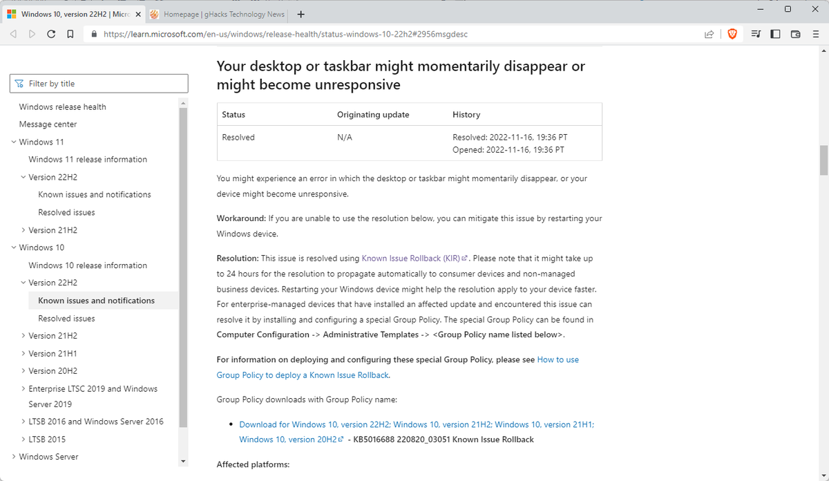 ghacks's tweet photo. Microsoft confirms Windows 10 desktop and taskbar issue #windows10 #microsoft #knownissue

https://t.co/uqQ6h2wzNI https://t.co/zZQ6VsBwtF