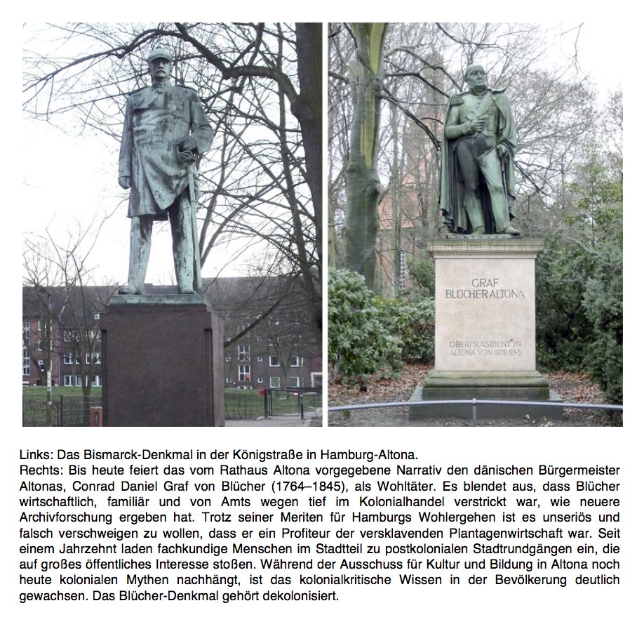 Historiker:innen kritisieren: 2014 beschloss der <a href="/Senat_Hamburg/">Hamburger Senat</a>  eine stadtweite #Dekolonisierung. Der Kulturausschuss der #Bezirksversammlung in <a href="/BA_Altona/">Bezirksamt Altona</a> betreibt aber noch 2022 Erinnerungspolitik wie in der Kaiserzeit! 
<a href="/Decolonize/">Decolonize the City</a> #Hamburg #Altona 
afrika-hamburg.de/aktuelles.html