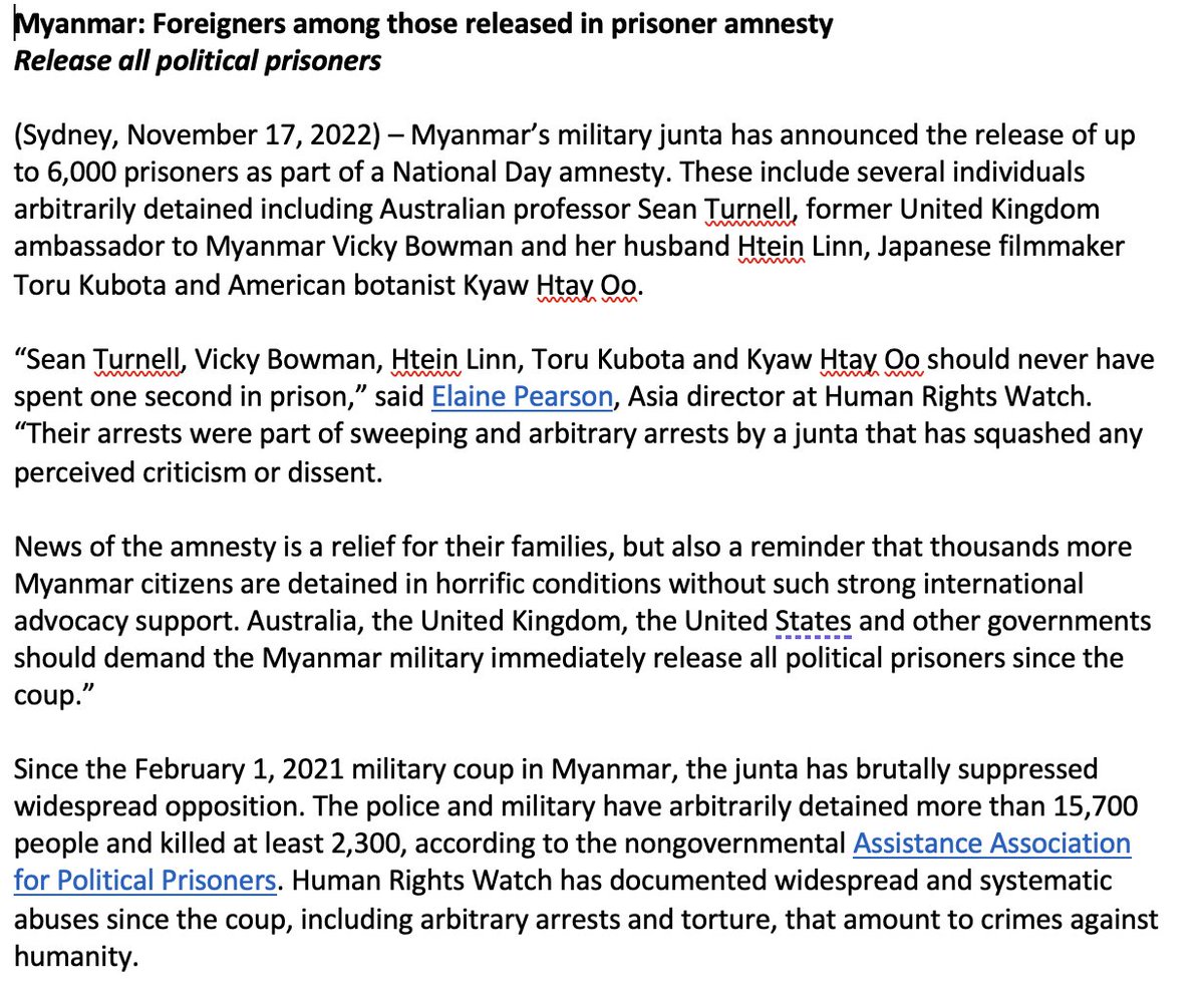 Manny Maung (@mannymaung) on Twitter photo Today's prisoner release including of 4 foreigners is a huge relief for families, but also a reminder that thousands more Myanmar citizens are detained in horrific conditions without strong international support, says <a href="/hrw/">Human Rights Watch</a>'s <a href="/PearsonElaine/">Elaine Pearson</a> <a href="/HRWMyanmar/">HRW Myanmar</a> #WhatsHappeningInMyanmar Today's prisoner release including of 4 foreigners is a huge relief for families, but also a reminder that thousands more Myanmar citizens are detained in horrific conditions without strong international support, says <a href="/hrw/">Human Rights Watch</a>'s <a href="/PearsonElaine/">Elaine Pearson</a> <a href="/HRWMyanmar/">HRW Myanmar</a> #WhatsHappeningInMyanmar
