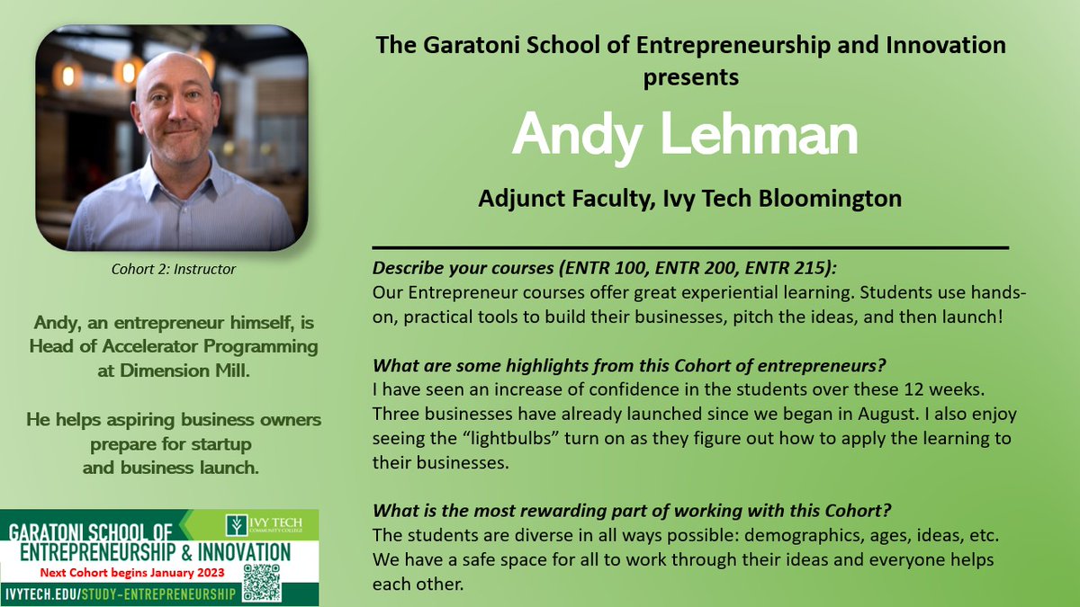 Meet our Instructor for Cohort 2, Andy! We look forward to hearing your students pitch their ideas at <a href="/dimension_mill/">The Mill</a> on Dec. 14!
#ivytechbloomingtonschoolofentrepreneurship
#entrepreneurshipeducation