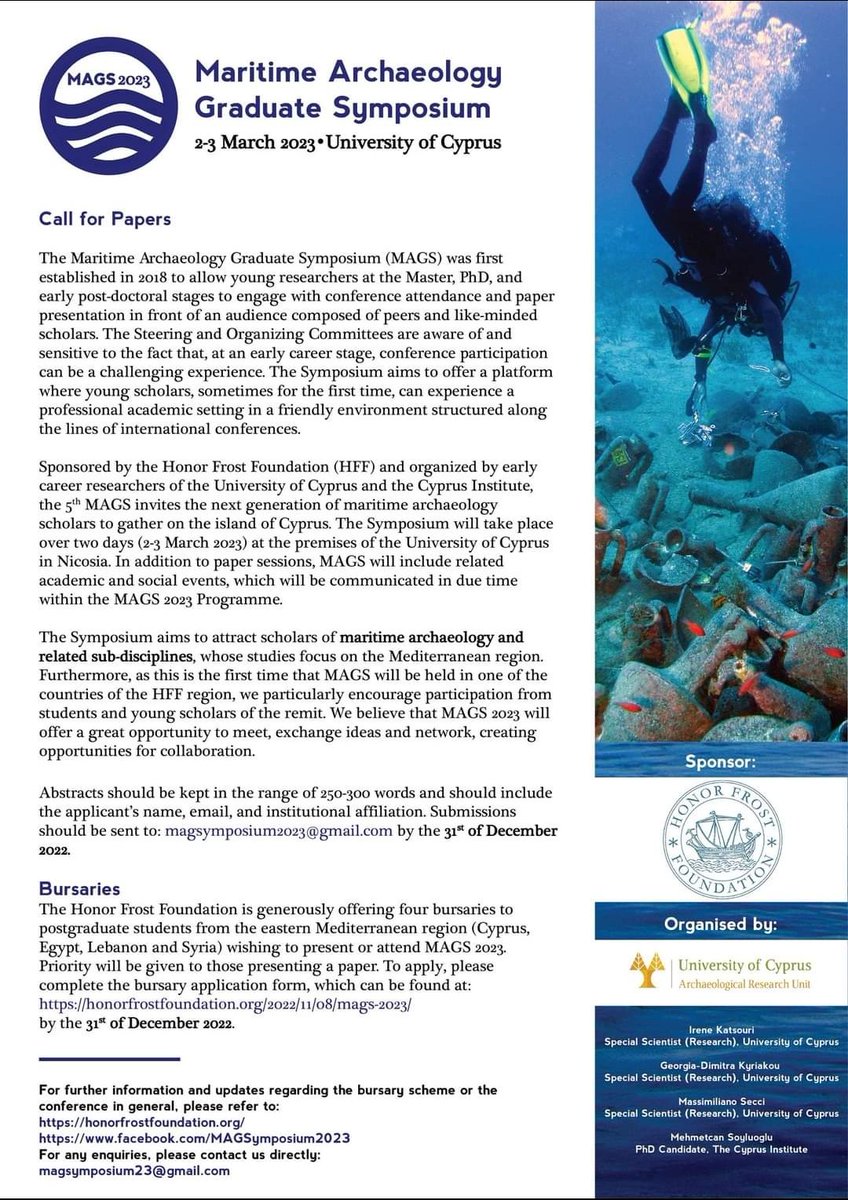 Maria_Enalia's tweet photo. #MAGS2023 is here! This year will be held beginning of March at University of Cyprus (@MMarelab). It is supported by @honor_frost! Check it out! 
Abstract submission deadline: 31 December 
#maritimearchaeology #underwaterarchaeology #postgraduate #graduatesymposium https://t.co/Me0HVLV2Bg