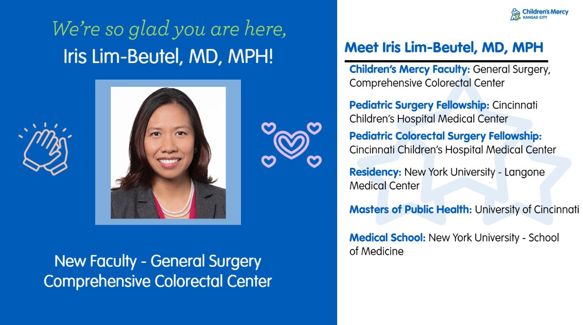 Welcome officially Dr. Iris Lim-Beutel @LimBeutel to @ChildrensMercy @CMPedSurg . From @CincyKidsSurg with pediatric colorectal #pedscolorectal and #pediatricsurgery fellowships. Her focus will be pediatric colorectal surgery. Welcome!