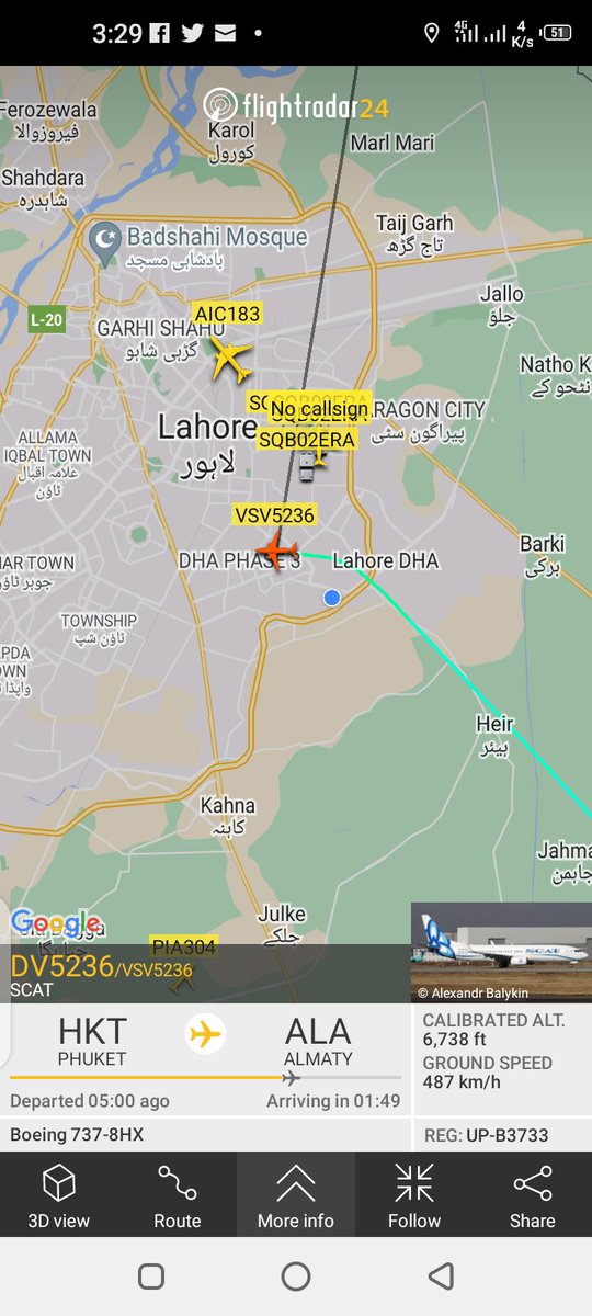 TahoorNaik's tweet photo. Hello Stranger 
Flight #VSV5236 #Phuket to #Almaty diverted to #Lahore #OPLA #UPB3733 #B7378 #Uniqueflights 
Notice #AIC183 in the background
2 in 1 picture 
@flightradar24 https://t.co/k8bvif8WlE