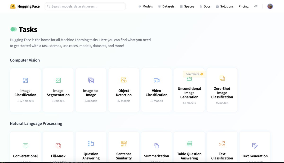 bentossell's tweet photo. This is huge. 

@huggingface Tasks; everything you need to know about any ML task. 

- Summary of what it is
- Resources to go deeper
- Models, demos and space related to that task https://t.co/qDRwOFUasr