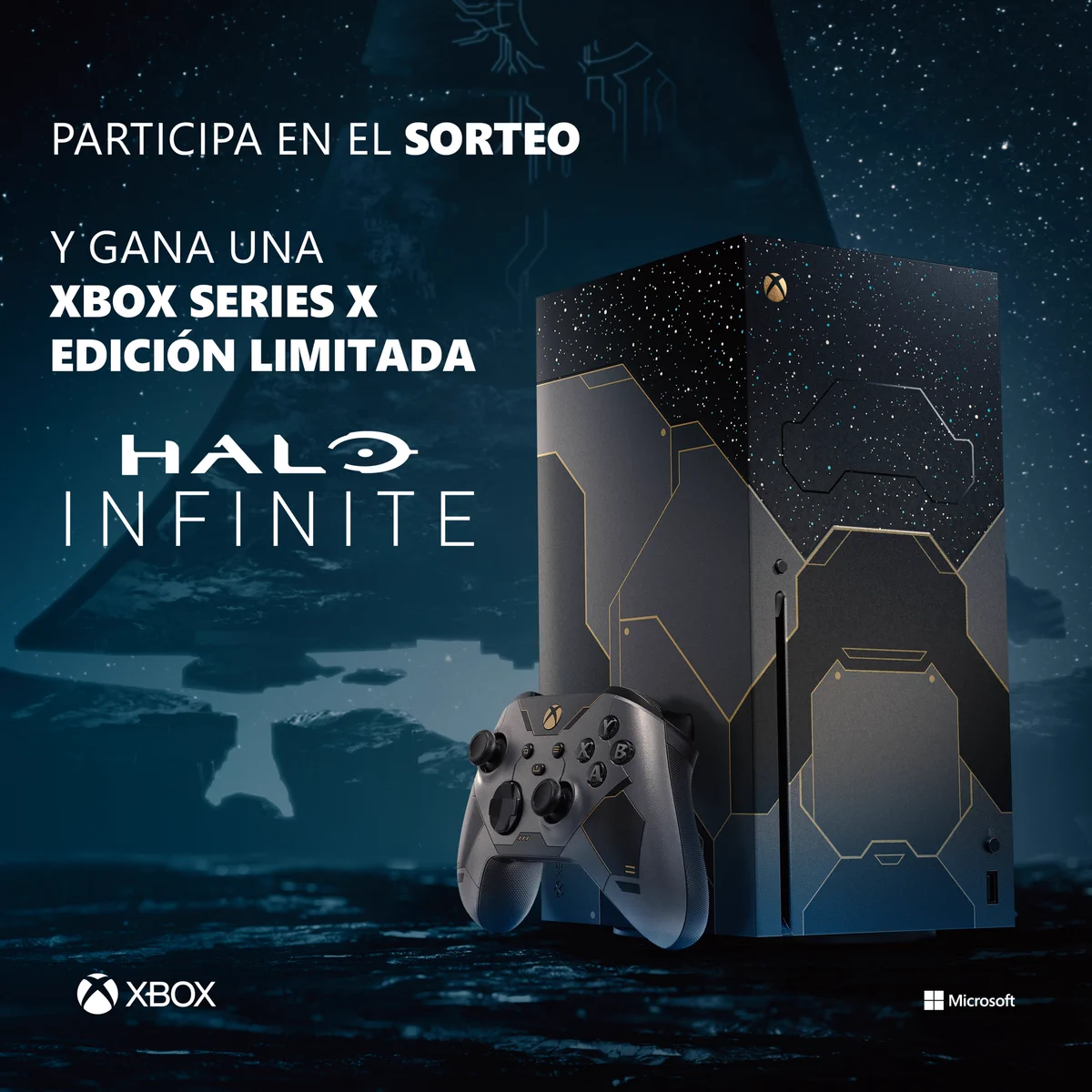 Imagen de una consola de Edición Limitada de Halo Infinite. Se puede leer el texto: "Participa en el sorteo y gana una Xbox Series X de edición limitada"