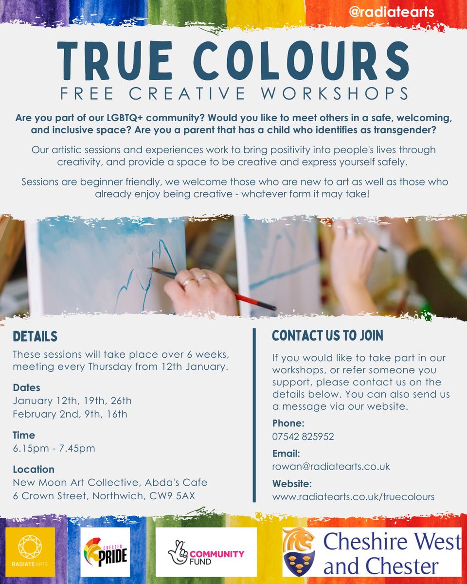 Join our FREE True Colours creative workshops in #Northwich!

These workshops are beginner friendly and aimed towards #LGBTQIA adults and young people.

Booking and more info -bit.ly/TrueColoursNor…