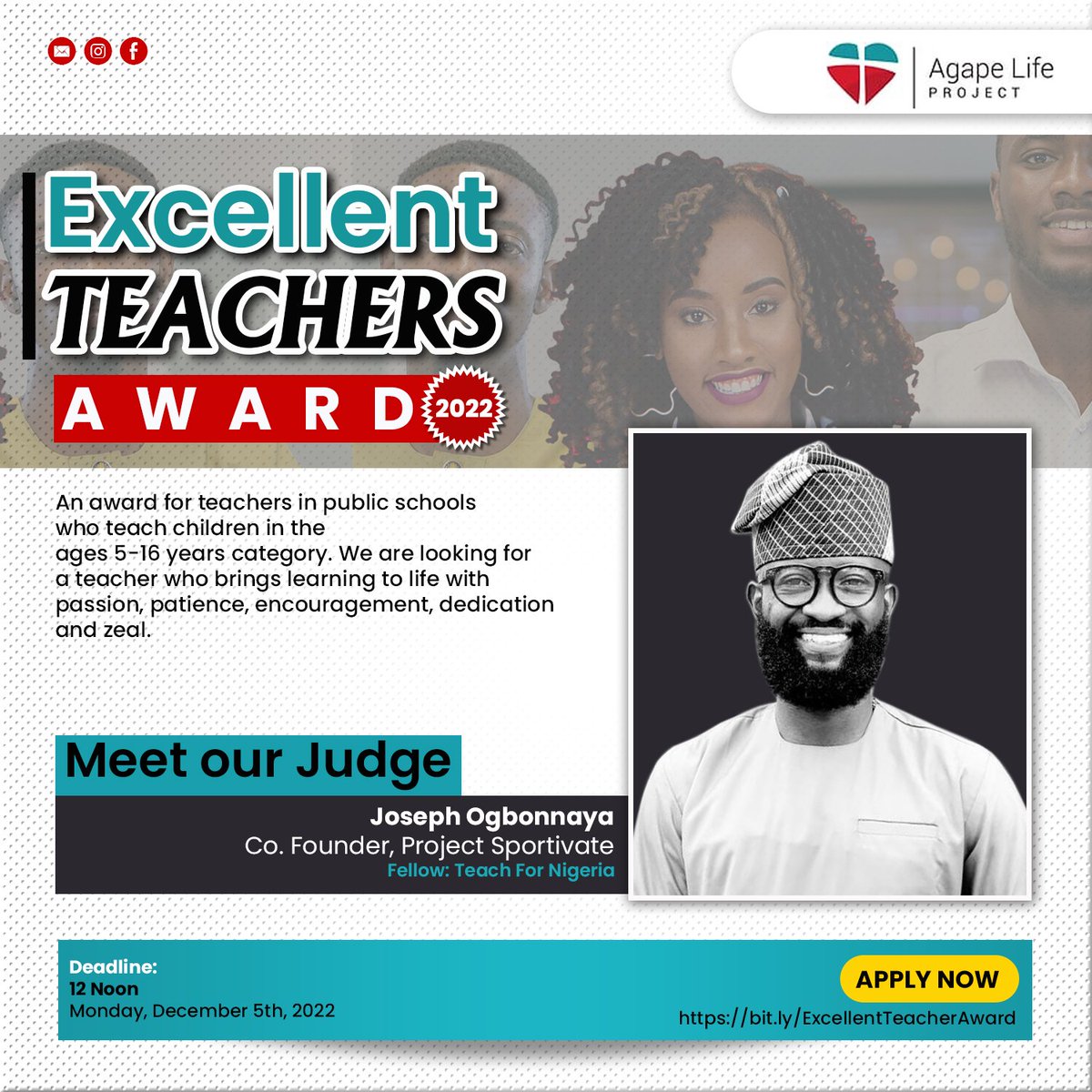Highly privileged to be selected among 5 other impartial panel of judges for the maiden edition of the "Excellent Teachers Award" put forward by the Agape Life Project.
Click on the link below 👇 to nominate yourself or a preferred candidate.

bit.ly/ExcellentTeach…