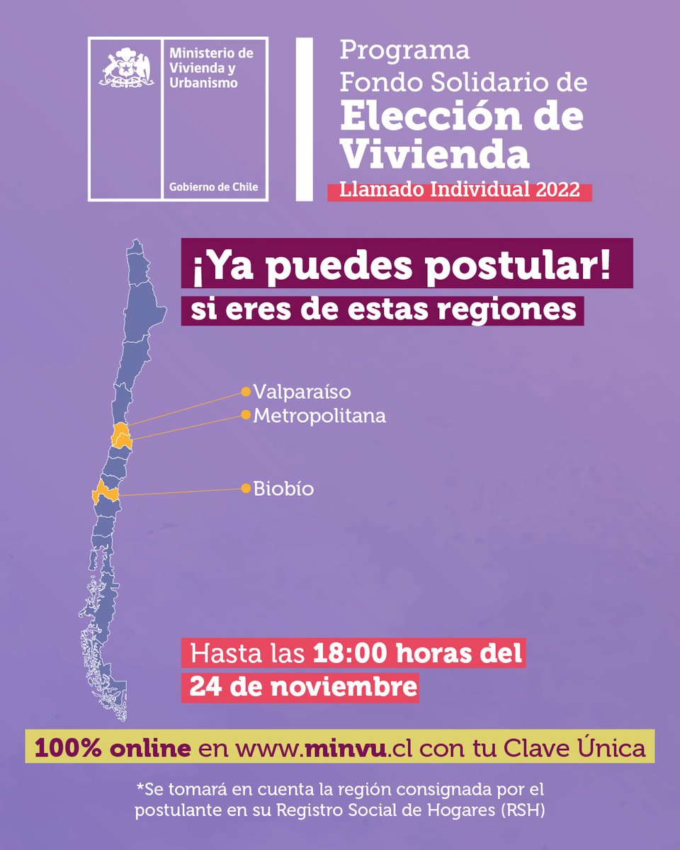 ChileAtiende's tweet photo. ¡Atención!

📢 Si eres de las regiones de Valparaíso, Metropolitana o Biobío, ¡postula al #Subsidio de vivienda #DS49 de @Minvu! ➡️ https://t.co/USiPqhTKQd  

📌 Postulaciones desde el 17 al 24 de noviembre.
👉 La región para postular es la de tu #RegistroSocialdeHogares. https://t.co/QALUxJt91t