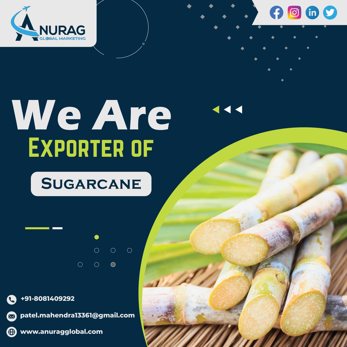 Anuragglob's tweet photo. We are top leading exporter of Sugarcane.
HS Code:- 12129300
+91-8081409292
patel.mahendra13361@gmail.com
https://t.co/LT5rmM5Ums
https://t.co/cU0XEUTXON
https://t.co/wNQdKjvvTT
https://t.co/14tjg8supy
#anuragglobalmarketing #anuragglobal #export #exportindia #india #sugarcane https://t.co/KiEfsStDq2