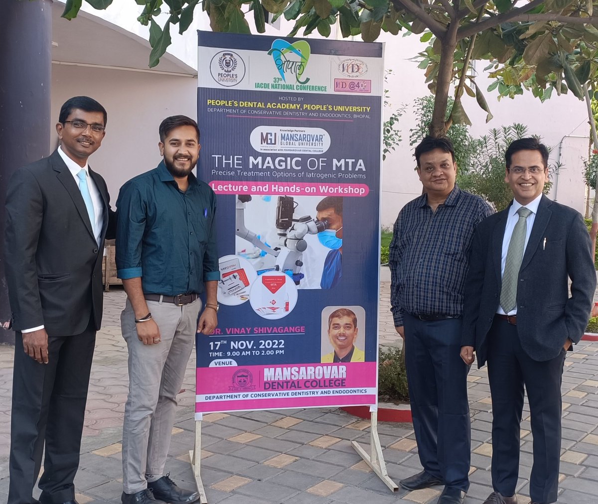 Gujjjar69's tweet photo. Mansarovar Dental College, as a knowledge partner of the 37th IACDE National Conference held by the People's Dental Academy, Bhopal, is immensely happy to host and conduct Dr. Vinay Shivagange's  pre-conference course on "The Magic of MTA" https://t.co/n5nOtq2eZz