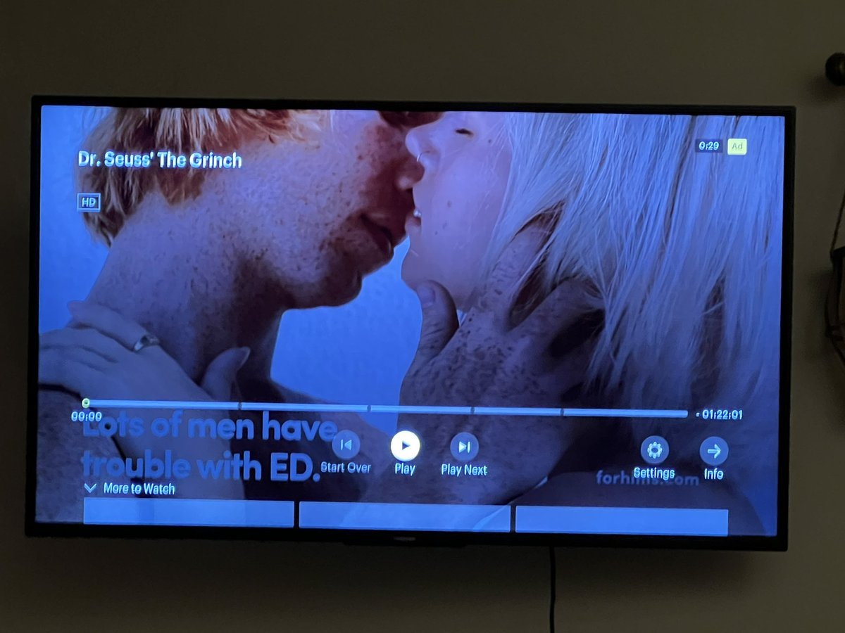 wes1278's tweet photo. @hulu and @wearehims you are both awful companies. Seriously. Stop pushing these ads to the kids profile watching The Grinch by Dr. Seuss. I click play on the grinch and you don’t show even 1 second of the content I pay to watch. You immediately throw an ED commercial? Fix it!! https://t.co/x51p6laoc2