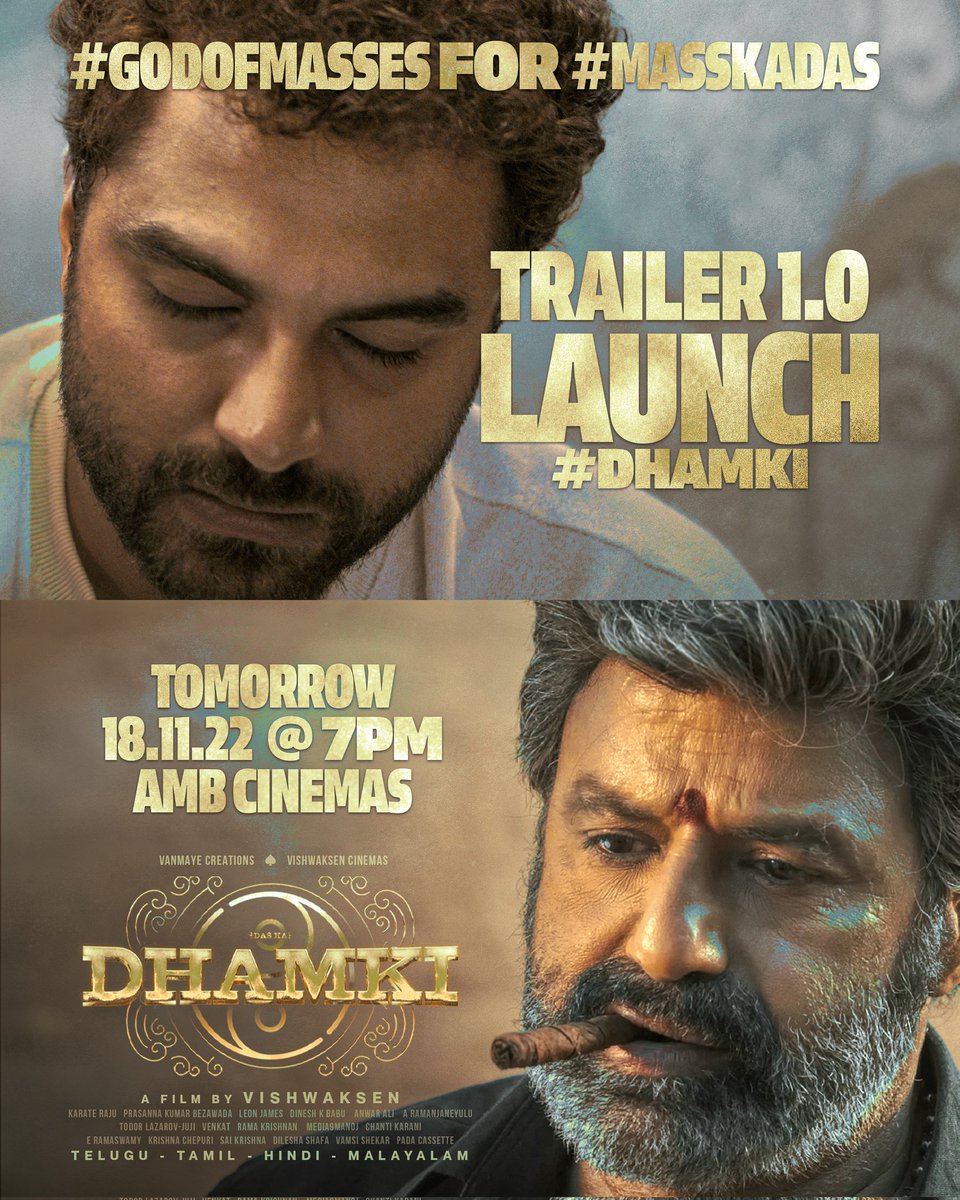 VishwakSenActor's tweet photo. #GodofMassesForMassKaDas 💥💥

A MASS DHAMKI from our  #DasKaDhamki to be launched by one and only #NandamuriBalakrishna garu ❤️‍🔥

⏳Tomorrow, 7 PM @ AMB Cinemas

#Dhamki 😎Trailer1.0

@Nivetha_Tweets #KarateRaju @KumarBezwada @leon_james @VanmayeCreation @VScinemas_ https://t.co/pcTxjHGKn5