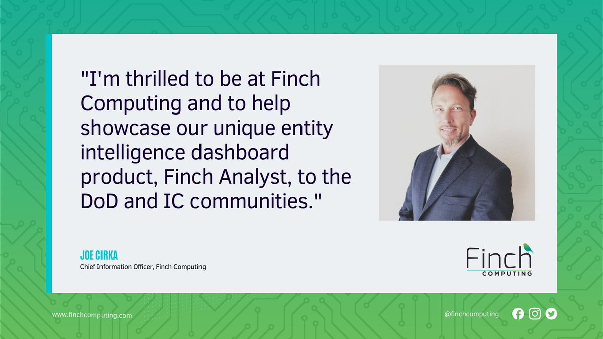 FinchComputing's tweet image. Finch Computing is pleased to welcome our new Chief Information Officer, Joe Cirka, to the team!