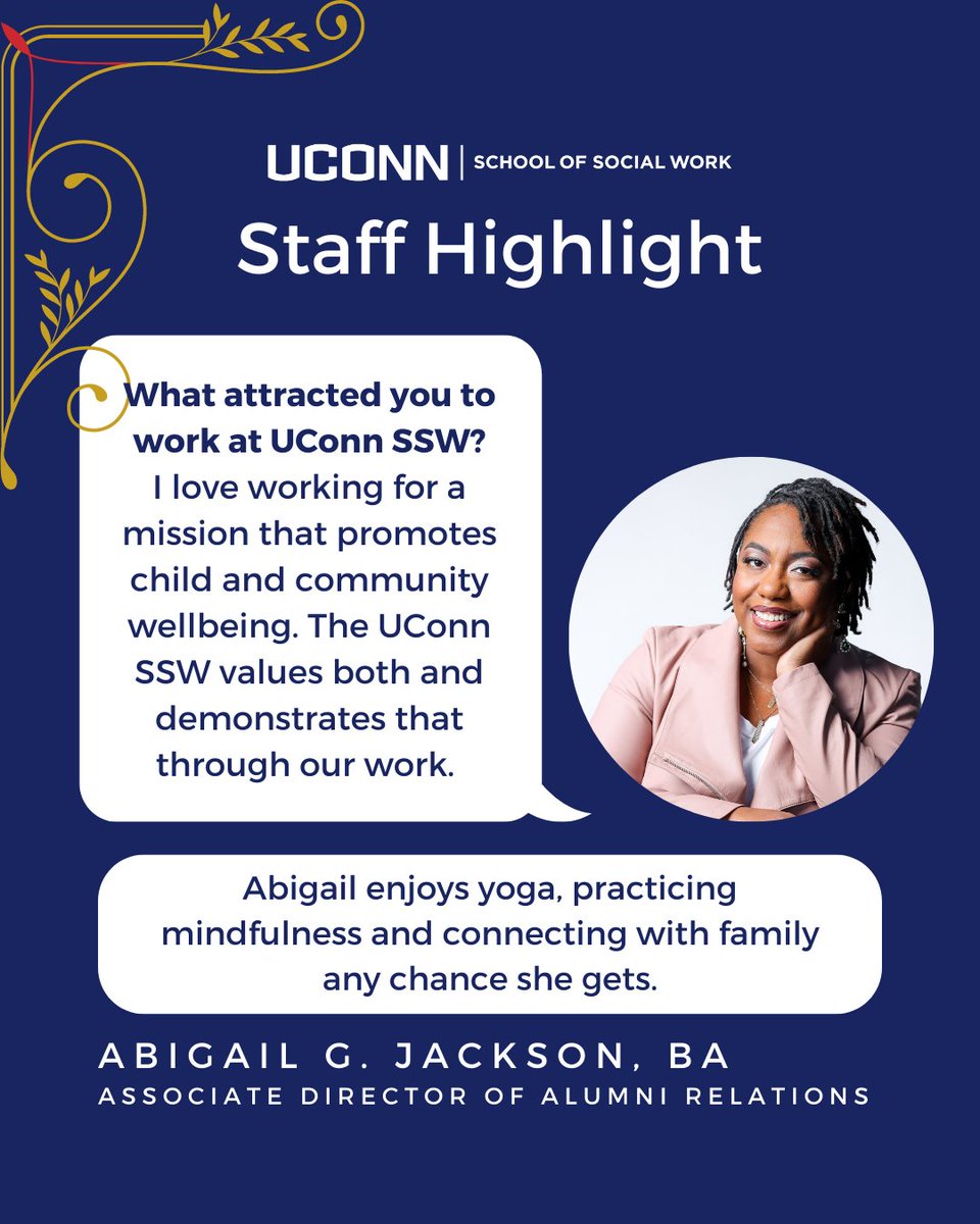 UConnSocialWork's tweet photo. At @UConnSocialWork, we deeply value our talented and dedicated staff! We continue our series of staff highlights to celebrate our team members. Today we feature Associate Director of Alumni Relations Abigail Jackson @a_jax28 ๐๐พ๐๐พ๐๐พ
#Righttimeforsocialwork https://t.co/sKt4OSmBu3