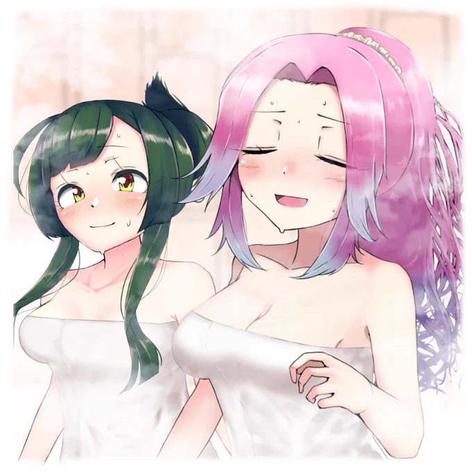 ζT.T)ζ「ふああああ～(昇天)」ずん子「ふふ、めたんちゃんもサウナの魅力に気づいちゃった?」ζT.T)ζ「暖がとれるだけでも最高だけれど、不思議……身体が軽いというか頭がすっきりするというか」ずん子「今度はちょっと足を伸ばして遠めのとこ行こうか。オススメのところあるんだ～」 #進捗 
