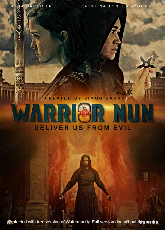 aemeth2's tweet photo. Since several people requested it, here is a vertikal version of my #Avatrice poster, this time with our fashionable villain Adriel :) #WarriorNun #RenewWarriorNun #FANART https://t.co/r6AM2QKmGZ
