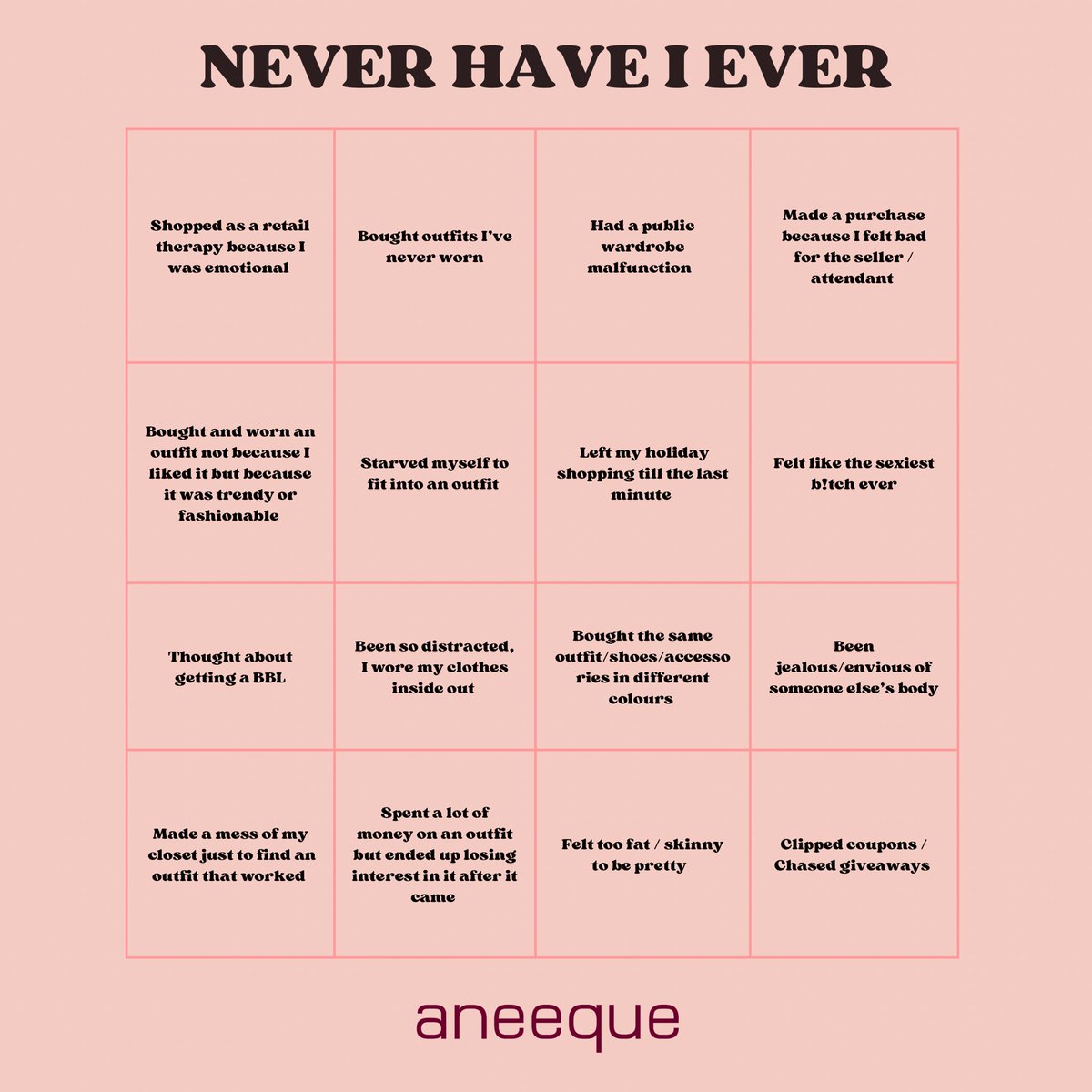 Let’s play! Never have I ever- 

Comment your score. 

1 - 4 = Welcome noobie 🤣
5 - 10 = Hi there London Tipton
11 - 16 = Rebecca Bloomwood is that you?!