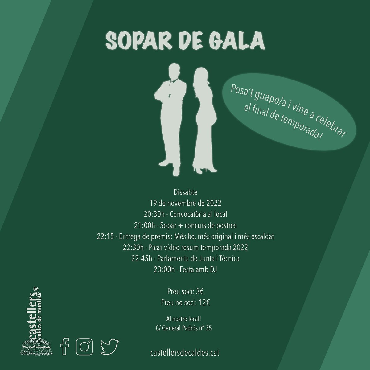 escaldats's tweet photo. Aquest dissabte anem a celebrar la temporada tots junts amb un bon sopar de gala!!!
Poseu-vos guapxs per acabar l'any a tope!!!!
Dissabte ens veiem a les 20.30h al local!!
#escaldats #sopardegala https://t.co/TNswflvvQn