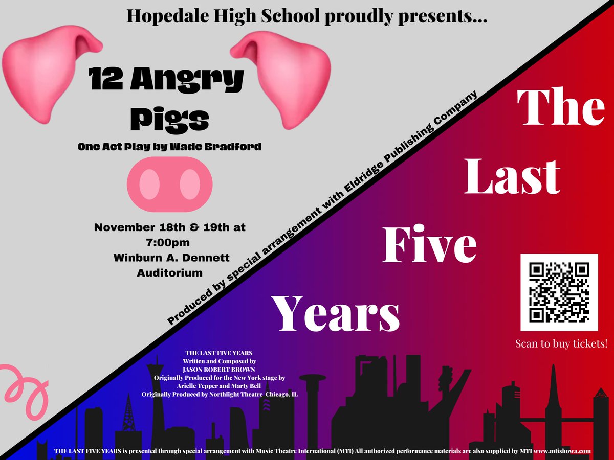 HopedaleHSDrama's tweet photo. Come and see a double feature of "12 Angry Pigs" and "The Last Five Years" this Friday 11/18 at 7pm and Saturday 11/19 and 7pm at the HHS Auditorium. Purchase tickets https://t.co/GVx8y990lT! @hopedalejshs  @HFOM_Hopedale @DerekAtherton1 @HopedaleAP @kcrebasehps @cchatham5 https://t.co/QxV6xUU0NM