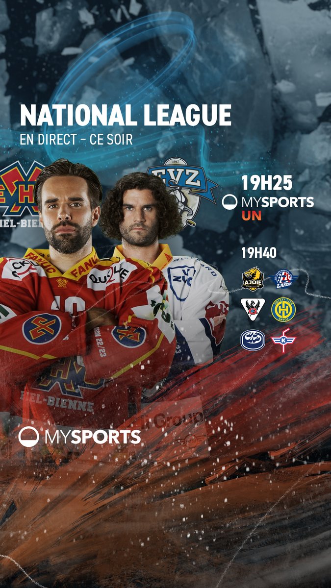 MySports_CH_fr's tweet photo. 4️⃣ rencontres ce soir en @NLch_official dont notre match studio entre le @ehcbiel et l'@official_EVZ!
Dès 19h25, retrouvez Alex, Stéphane et @sheehanGary2 en plateau.
Les chaînes 📺:
#EHCBEVZ UN
#HCASCRJ 2️⃣
#FRIHCD 3️⃣
#HCAPEHCK 5️⃣ https://t.co/IcUda5lGkT