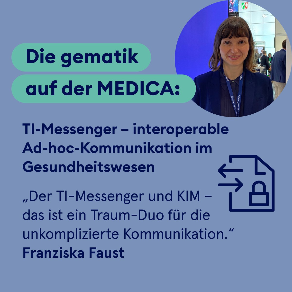 Der neue #TIMessenger wird den Heilberufen neue Freiheiten in der Kommunikation schenken – das sagt unsere Produktmanagerin Franziska Faust. Auf der #medica2022 zeigte sie heute, wie die Heilberufe den TI-Messenger optimal in ihrem Alltag einsetzen können.  <a href="/MEDICATradeFair/">MEDICA</a>