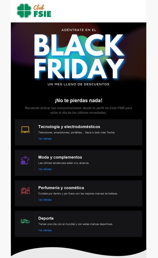 sepna_fsie's tweet photo. Si eres del #ClubFSIE, puedes disfrutar de descuentos extraordinarios con motivo del Black Friday, próximo viernes 25 de noviembre. 🛍🎏 Tecnología y electrodomésticos, Moda y complementos, Perfumería y cosmética y Deporte y más... 🔗 Info. 👉 https://t.co/5XNk7Zc1dM https://t.co/dlko6pRtDF