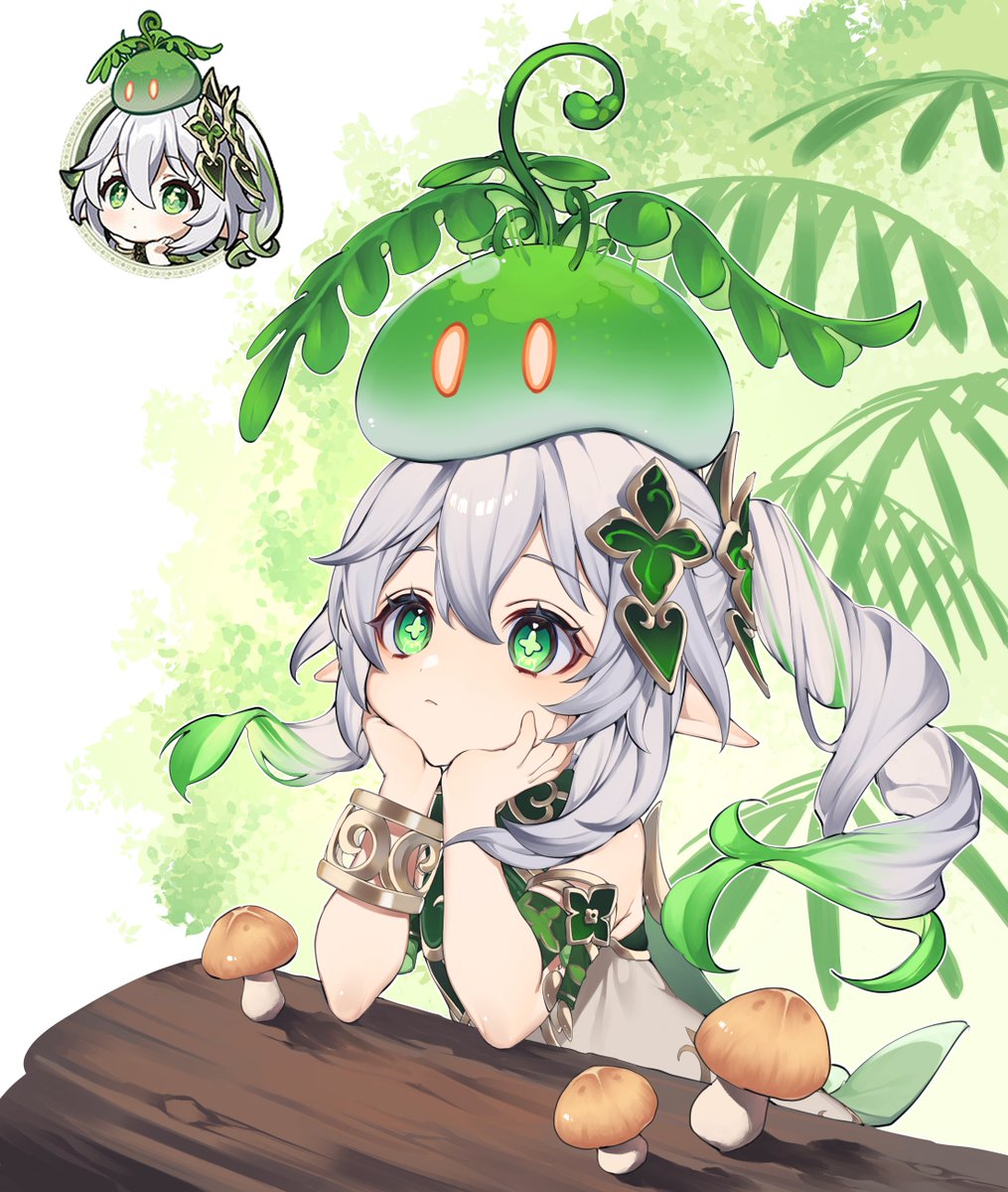 nahida (genshin impact) 1girl green eyes pointy ears side ponytail mushroom symbol-shaped pupils hair ornament  illustration images