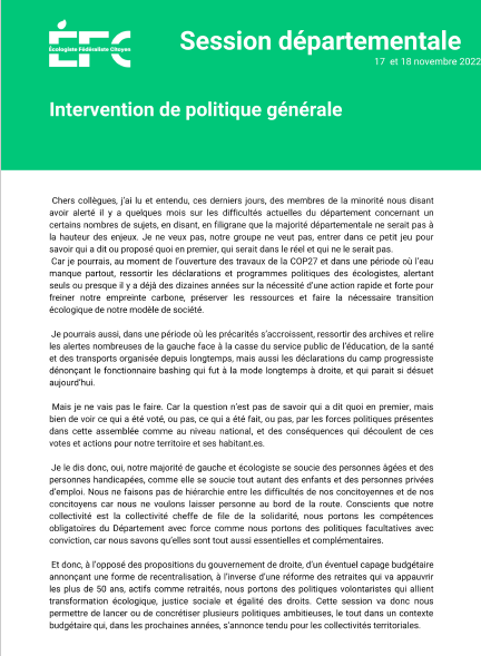 GroupeEFC_CD35's tweet image. Le groupe EFC est aujourd&apos;hui en session au #cd35 
Intervention de politique générale portée par @Olwen_Ds 
Concrétisation de politiques ambitieuses : 
- Stratégie numérique responsable 
- Plan alimentaire territorial
-Budget carbone 
-Nouveaux CDAS