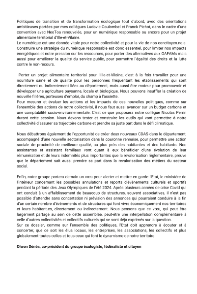 GroupeEFC_CD35's tweet image. Le groupe EFC est aujourd&apos;hui en session au #cd35 
Intervention de politique générale portée par @Olwen_Ds 
Concrétisation de politiques ambitieuses : 
- Stratégie numérique responsable 
- Plan alimentaire territorial
-Budget carbone 
-Nouveaux CDAS