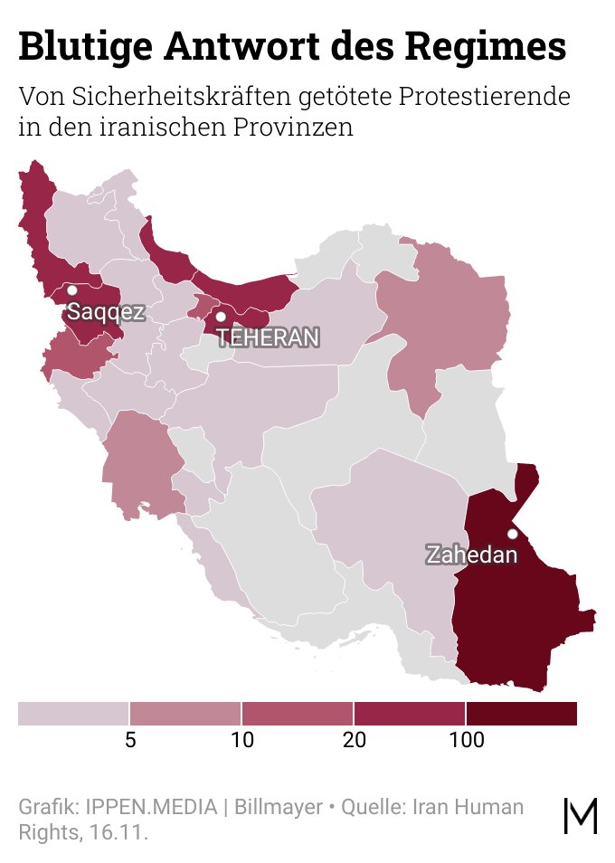 Luisa Billmayer (@luisabillmayer) on Twitter photo Seit 2 Monaten protestieren Menschen im #Iran gegen das Regime und riskieren damit ihr Leben. Wir haben Daten zu den Protesten im Land analysiert und zeigen in Karten das enorme Ausmaß der blutigen Antwort des Regimes. <a href="/ippenmedia/">IPPEN.MEDIA</a> @Priesling #ddj #MashaAmini Seit 2 Monaten protestieren Menschen im #Iran gegen das Regime und riskieren damit ihr Leben. Wir haben Daten zu den Protesten im Land analysiert und zeigen in Karten das enorme Ausmaß der blutigen Antwort des Regimes. <a href="/ippenmedia/">IPPEN.MEDIA</a> @Priesling #ddj #MashaAmini