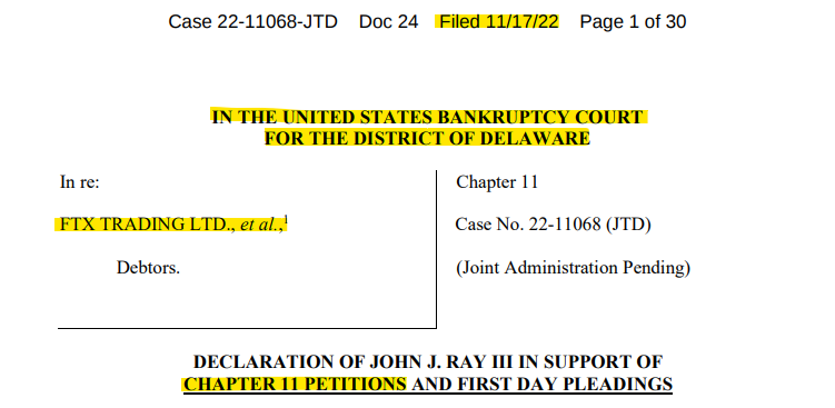 FTX 챕터 11 회생 신청 문서 요약🧵

11월 17일 새로 FTX CEO로 임명된 John J. Ray 이름으로 제출된 FTX 챕터 11 신청 문서가 공개됨. FTX가 현재 어떤 상황인지 가장 잘 이해하는 문서로 하나씩 살펴봄.