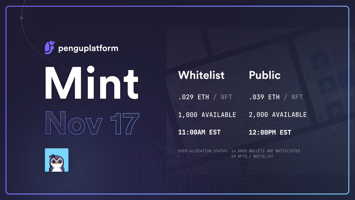 In order to adapt to market conditions, we have adjusted our mint price and supply. 

🗓️ Date: November 17th, 11AM EST

⚪️ Whitelist Supply: 1,000x
⚪️ Whitelist Price: .029Ξ

🔵 Public Supply: 2,000x
🔵 Public Price: .039Ξ

Join our Discord: discord.gg/PenguPlatform