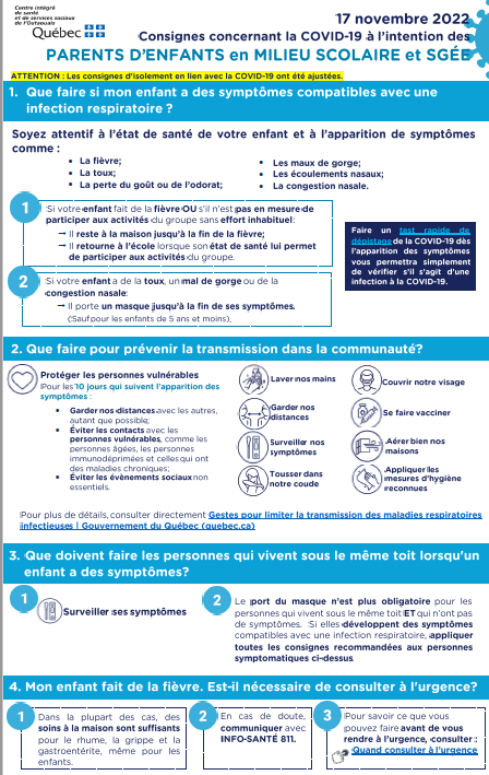 Nouvelles directives distribuées aux écoles