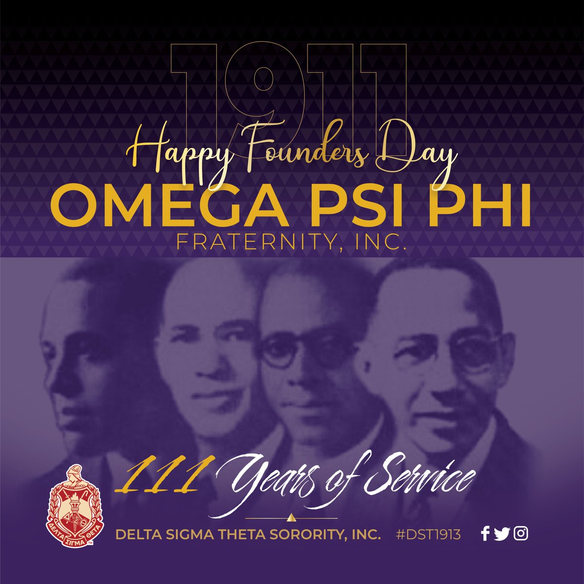 Delta Sigma Theta Sorority, Inc. congratulates the outstanding, purposeful, and powerful men of Omega Psi Phi Fraternity, Inc. on 111 years of service! @officialoppf 

#OmegaPsiPhi #OmegaPsiPhi111 #DST1913