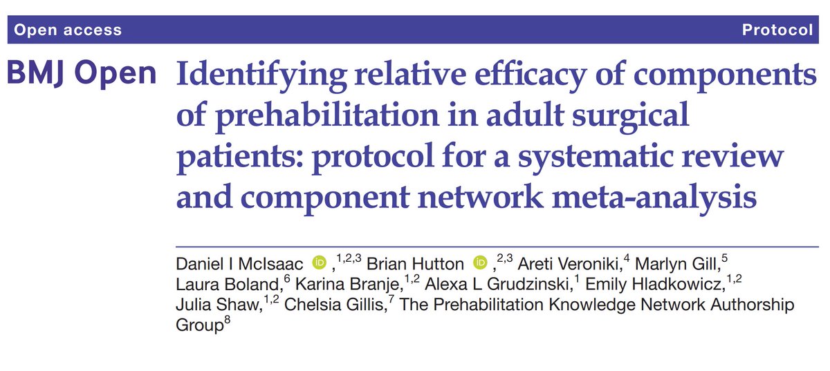 #PREHAB encompasses many approaches to optimizing physical, nutritional and psychosocial wellness before #surgery 
What #PREHAB components contribute most to its efficacy?
That's what we seek to learn in our <a href="/CIHR_IRSC/">CIHR</a> funded #ComponentNetworkMetaAnalysis
bmjopen.bmj.com/content/12/11/…