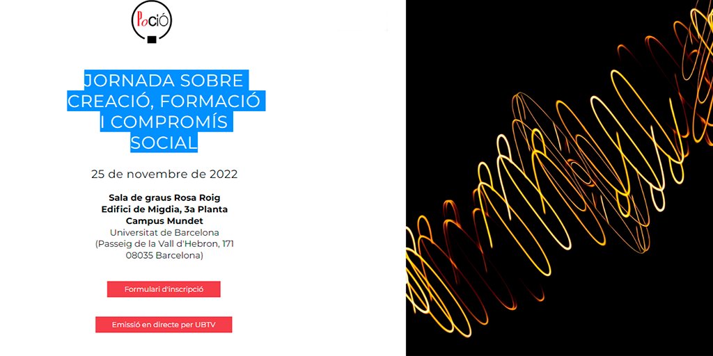 Xarxa Vives d'Universitats (@xarxavives) on Twitter photo 📢 Jornada sobre Creació, Formació i Compromís Social
🗓️ 25 de novembre · A les 9 h
📍 Sala de Graus Rosa Roig de la <a href="/UniBarcelona/">Universitat de Barcelona</a>
Informació i inscripcions a 👉pocioub.wixsite.com/jornadacfics 📢 Jornada sobre Creació, Formació i Compromís Social
🗓️ 25 de novembre · A les 9 h
📍 Sala de Graus Rosa Roig de la <a href="/UniBarcelona/">Universitat de Barcelona</a>
Informació i inscripcions a 👉pocioub.wixsite.com/jornadacfics