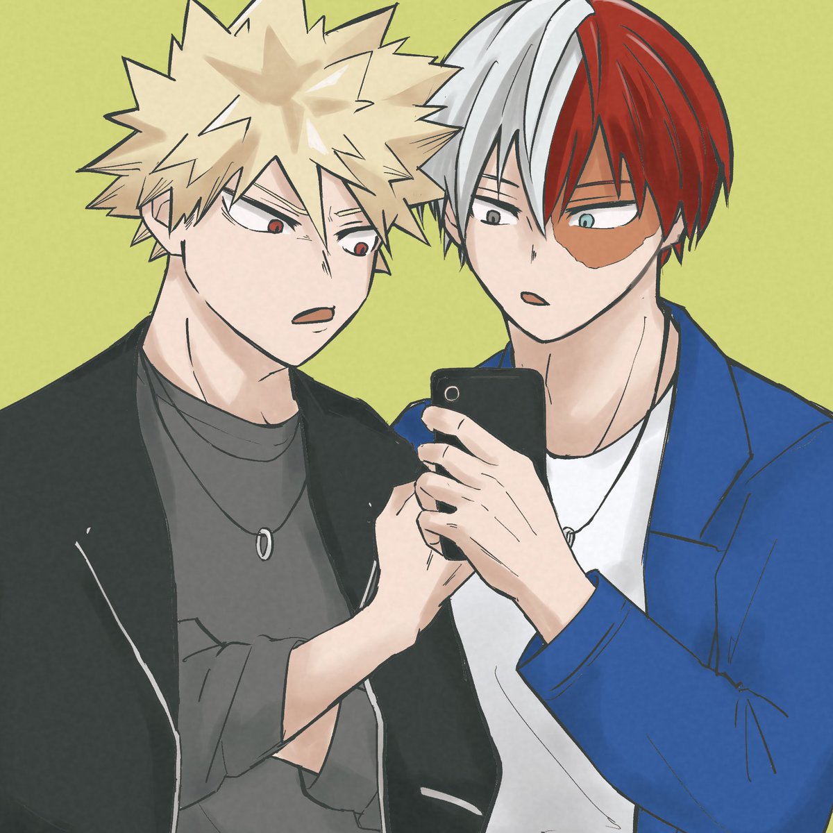 bakugou katsuki ,todoroki shouto multiple boys 2boys red hair pants male focus torn pants jacket  illustration images